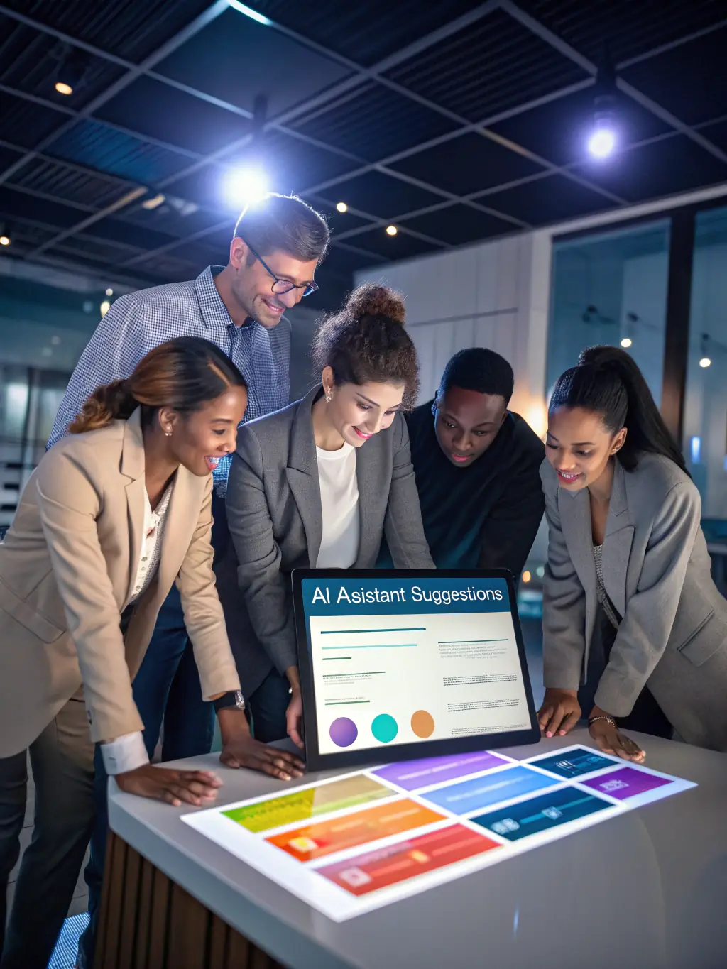 A diverse team collaborating seamlessly using Rmms.Tools' team collaboration tools, showcasing shared document editing, real-time chat, and integrated feedback features.