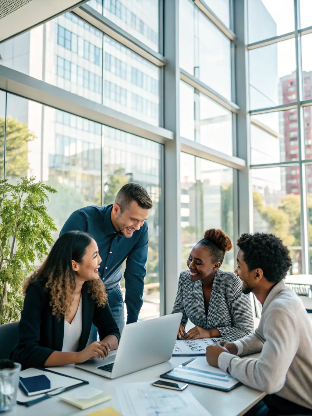 A professional team using Rmms.Tools' communication platform for a video conference, showcasing clear audio and video quality, set in a modern office environment.
