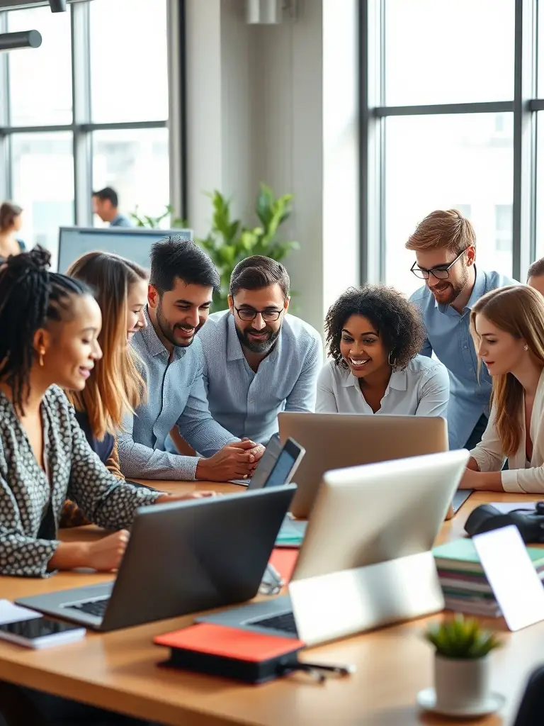 A professional-looking photograph of a diverse team collaborating in a modern office space, using Rmms.Tools on their laptops and devices, showcasing the platform's collaborative capabilities.
