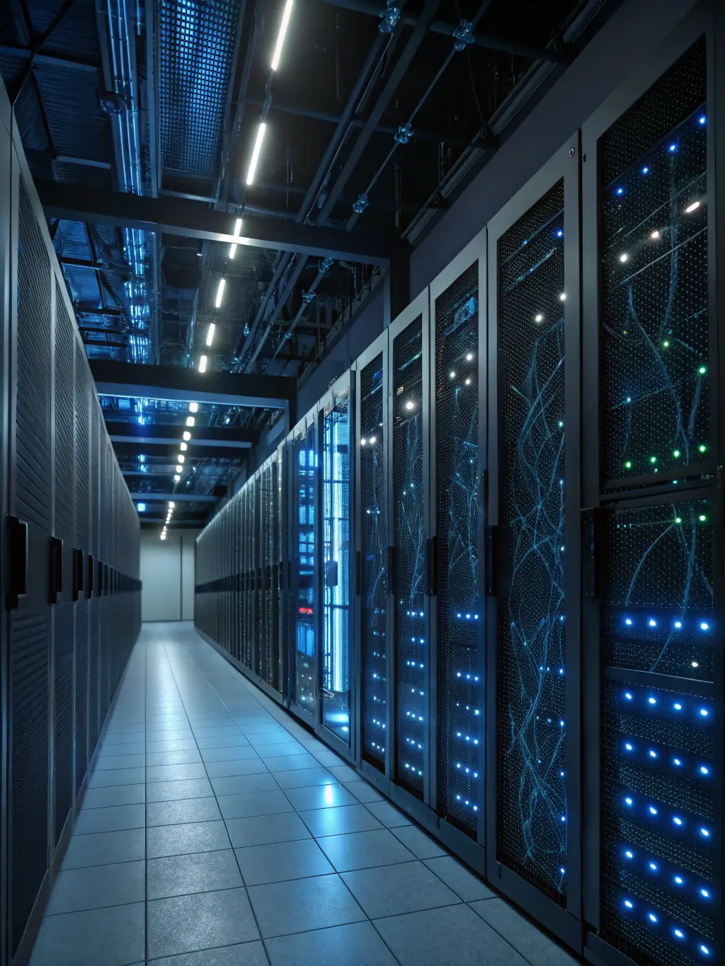A secure data center with servers running Rmms.Tools, highlighting enhanced security measures, data encryption, and compliance certifications for enterprise-level protection.